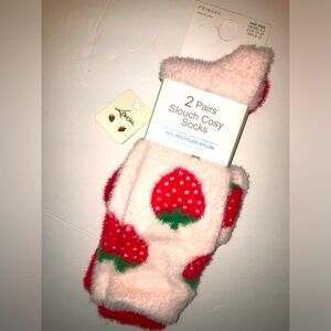 🍓 strawberry cozy socks & earrings set fuzzy soft cute fruit goldtone gift